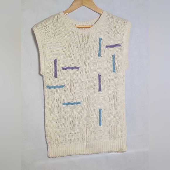None Sweaters - Vintage Unbranded Cream Knit Sweater Vest Sz S with Blue / Purple Accents